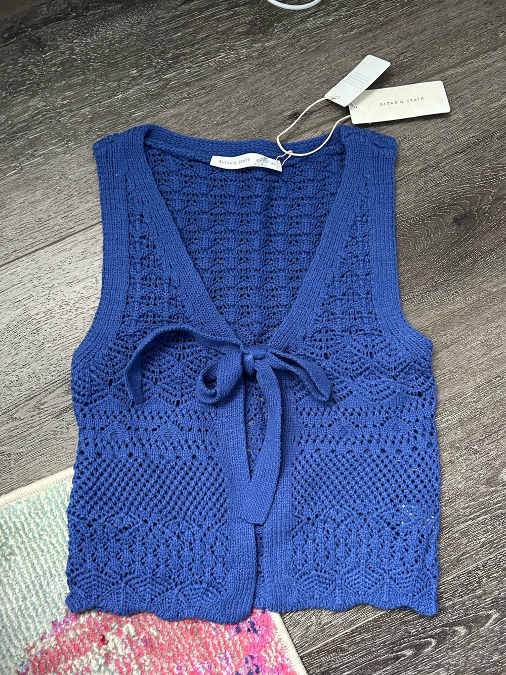 Altar'd State Blue Crochet Tie-Front Sweater Tank Vest